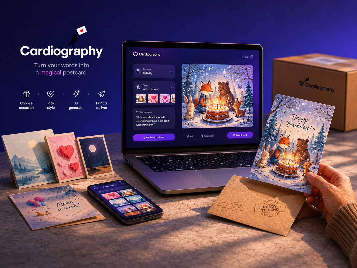 Cardiography — App d'IA · Targetes personalitzades · Impressió